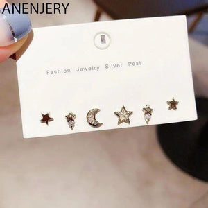 Moon & Star Earrings Set CZ Studs For Women Girls S-E1196