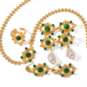 Uworld 18K Plated Malachite Evil Pendant Pearl Earrings Set
