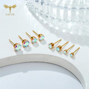 12 Pairs Colorful AB CZ Zircon Stud Earrings Set Golden Stainless
