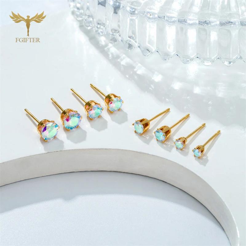 12 Pairs Colorful AB CZ Zircon Stud Earrings Set Golden Stainless