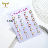 12 Pairs Colorful AB CZ Zircon Stud Earrings Set Golden Stainless