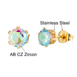 12 Pairs Colorful AB CZ Zircon Stud Earrings Set Golden Stainless