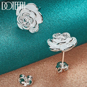 925 Silver Rose Flowers Stud Earrings Wedding Engagement Jewelry