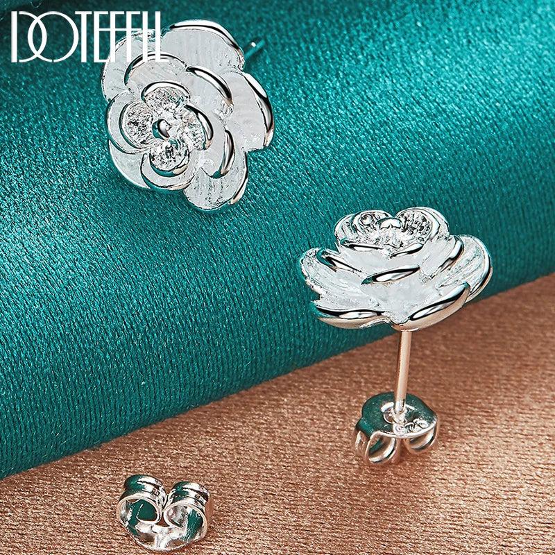 925 Silver Rose Flowers Stud Earrings Wedding Engagement Jewelry