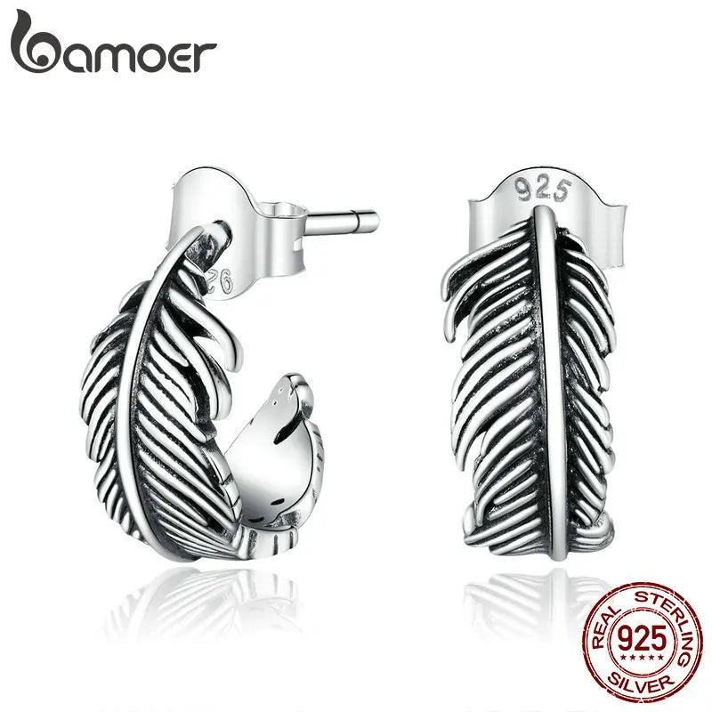 925 Silver Feather Stud Earrings for Women Girls Gift Jewelry