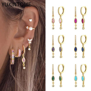 925 Silver Dangle Earrings Colorful Zircon Water Hoop Jewelry