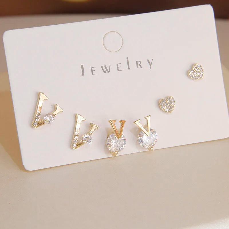 6pcs Multicolor Crystal Letter V Stud Earrings Zirconia Jewelry Set