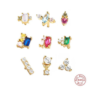 925 Silver CZ Stud Earrings Set Rectangle Bar Oval Flower Geometric Piercing