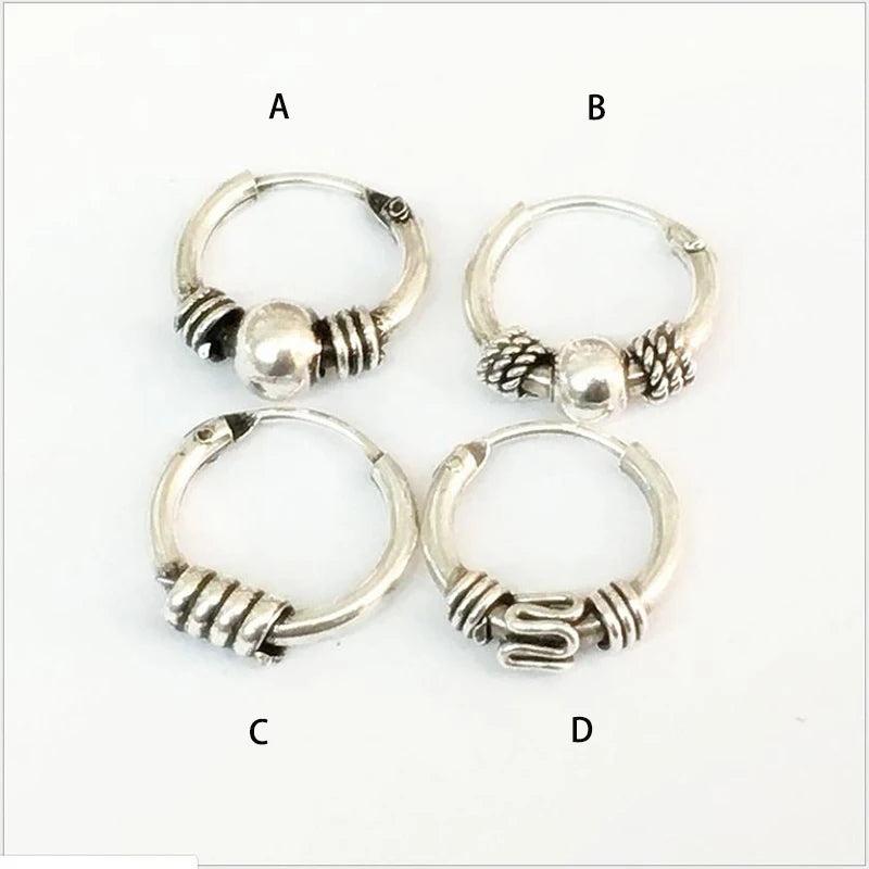 Thai Silver Retro Small Hoop Earrings With Beads Spiral Coils