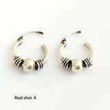 Thai Silver Retro Small Hoop Earrings With Beads Spiral Coils