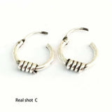 Thai Silver Retro Small Hoop Earrings With Beads Spiral Coils