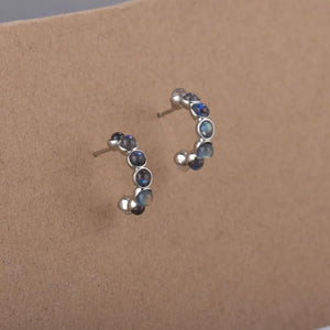 Labradorite Huggie C-Shaped Round Loop Earrings 925 Silver Hoops