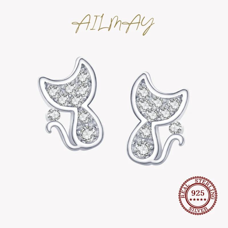 Sweet Cat Silver Stud Earrings 925 Sterling Silver CZ Anti-allergy Jewelry