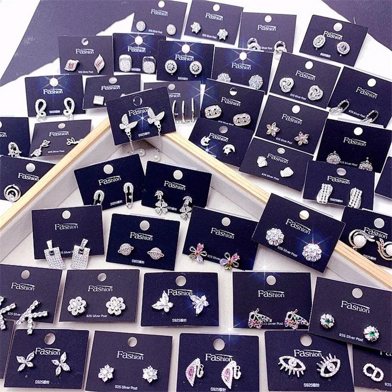 925 Silver Zircon Stud Earrings Mix Style Flower Butterfly Eye Jewelry