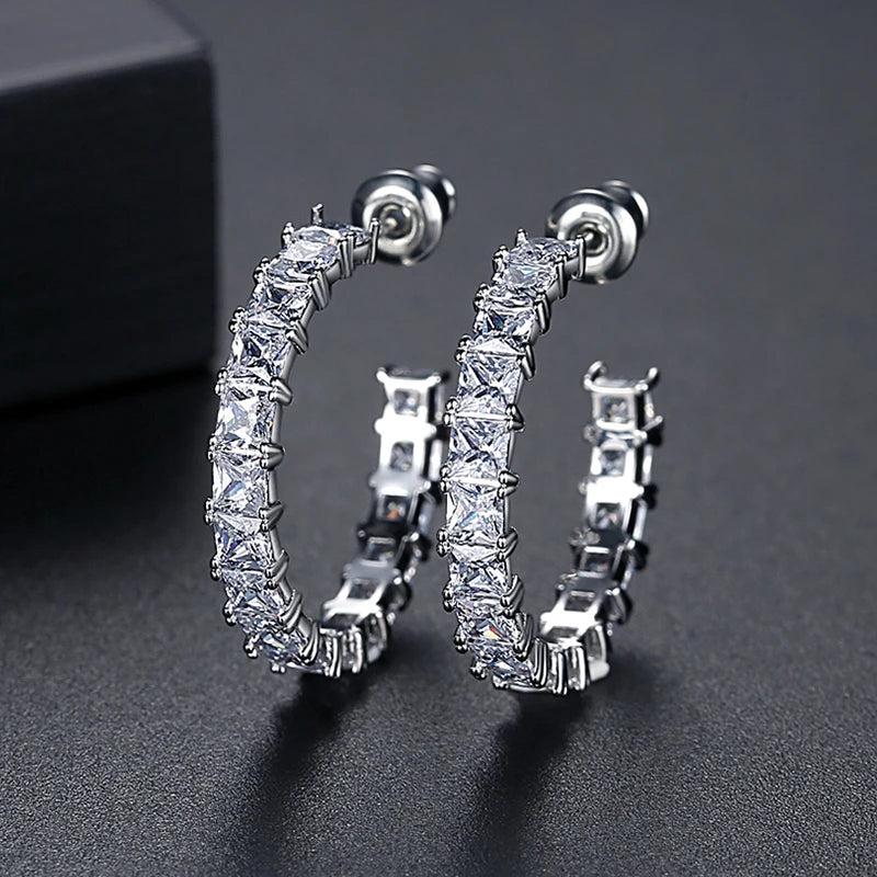 Bohemian CZ Hoop Earrings, Retro Silver Round Design for Women