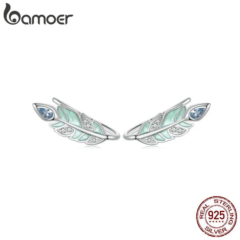 925 Silver Feather Stud Earrings, Mint Green Enamel, Hypoallergenic
