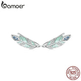 925 Silver Feather Stud Earrings, Mint Green Enamel, Hypoallergenic