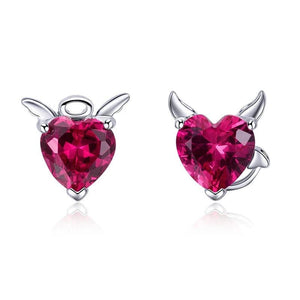 925 Silver Angel & Devil Pink CZ Heart Stud Earrings for Women