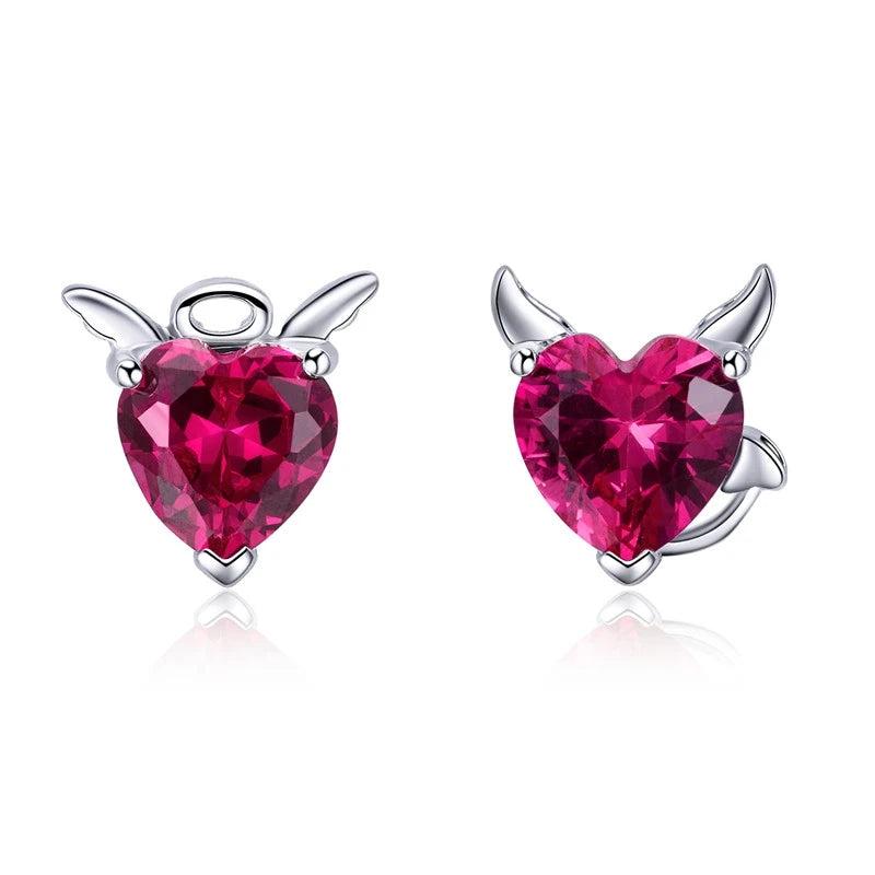 925 Silver Angel & Devil Pink CZ Heart Stud Earrings for Women