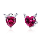 925 Silver Angel & Devil Pink CZ Heart Stud Earrings for Women
