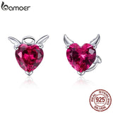 925 Silver Angel & Devil Pink CZ Heart Stud Earrings for Women