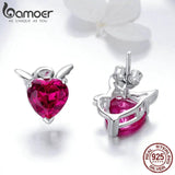 925 Silver Angel & Devil Pink CZ Heart Stud Earrings for Women