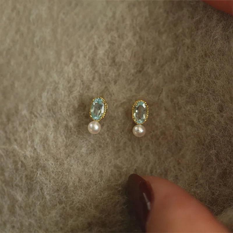 925 Silver Zircon Pearl Stud Earrings Women's Jewelry