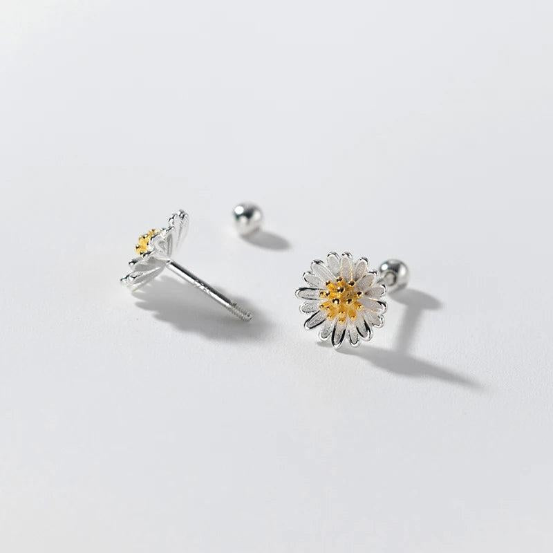 925 Silver Daisy Screw Beads Stud Earrings for Women