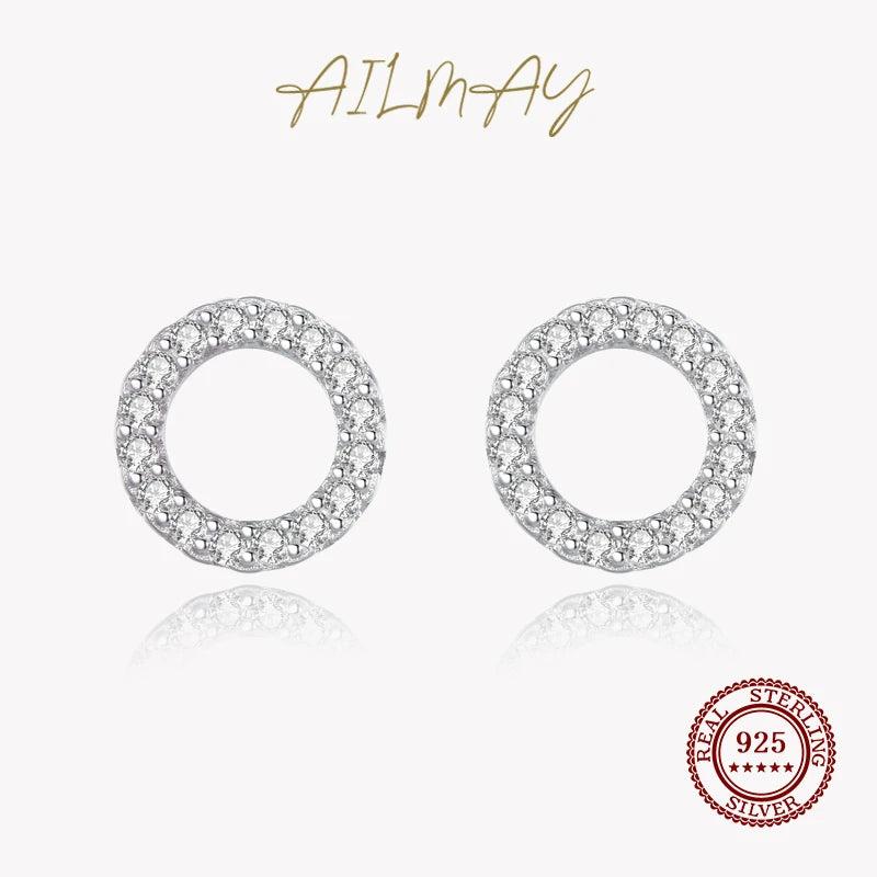 925 Silver Circle Zircon Stud Earrings, Elegant Gift