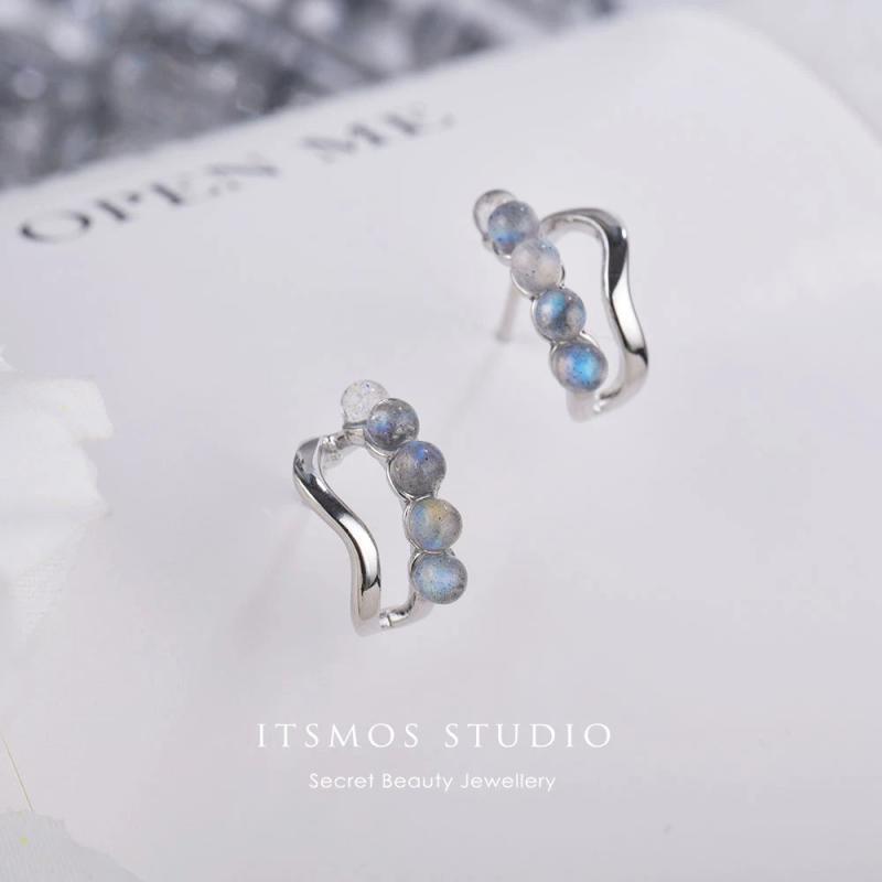 Labradorite Huggie Earrings 925 Silver C-Shaped Hoops