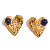 Vintage Silver Heart Love Stud Earrings with Natural Stone