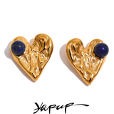 Vintage Silver Heart Love Stud Earrings with Natural Stone