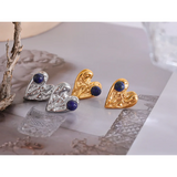 Vintage Silver Heart Love Stud Earrings with Natural Stone