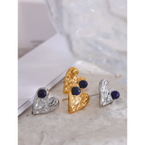 Vintage Silver Heart Love Stud Earrings with Natural Stone