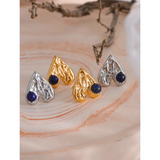 Vintage Silver Heart Love Stud Earrings with Natural Stone