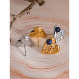 Vintage Silver Heart Love Stud Earrings with Natural Stone