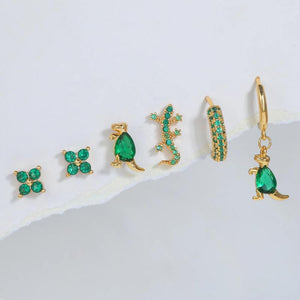 6 Pcs Green Cubic Zircon Piercing Earrings Set, Animals Cartilage Jewelry