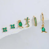 6 Pcs Green Cubic Zircon Piercing Earrings Set, Animals Cartilage Jewelry