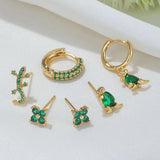 6 Pcs Green Cubic Zircon Piercing Earrings Set, Animals Cartilage Jewelry