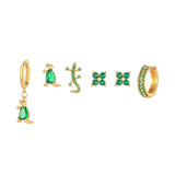 6 Pcs Green Cubic Zircon Piercing Earrings Set, Animals Cartilage Jewelry