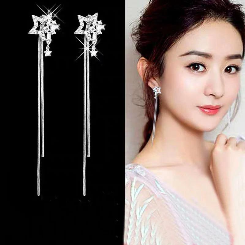 925 Silver Star Stud Earrings Clear Zircon Wedding Jewelry