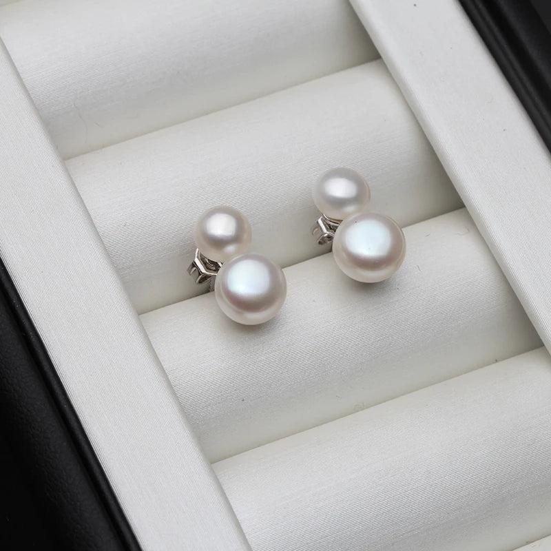 925 Silver Double Pink Pearl Stud Earrings Wedding Jewelry