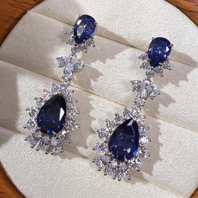 Sapphire CZ Long Earrings 925 Sterling Silver Vintage Dangle