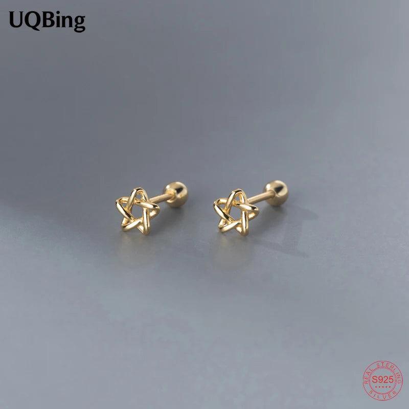 925 Silver Star Screw Stud Earrings Hollow Thread Mini Jewelry