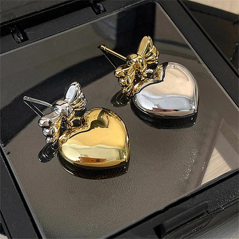 Retro Metal Heart Bow Earrings for Women