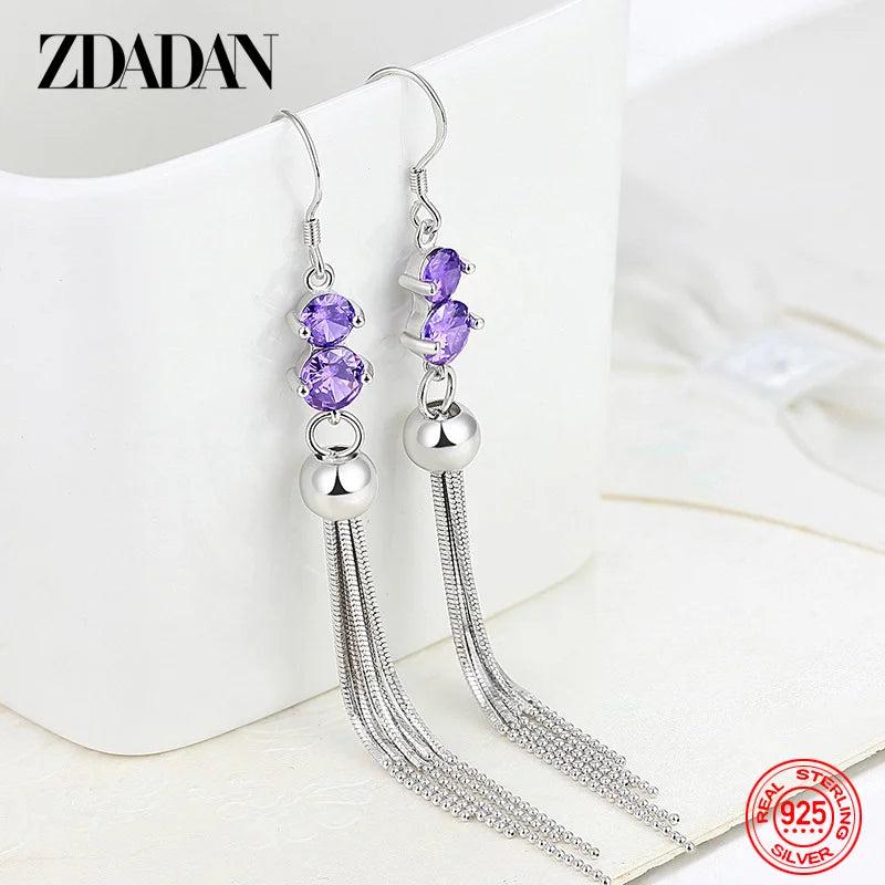 925 Silver CZ Long Dangle Earrings Wedding Jewelry Gift