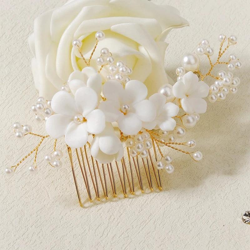 Ceramic Flowers Hair Combs Pearls Bridal Hair Sticks