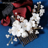 Ceramic Flowers Hair Combs Pearls Bridal Hair Sticks