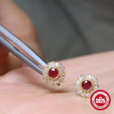 Ruby Zircon Ear Studs S925 Sterling Silver Piercing Earrings