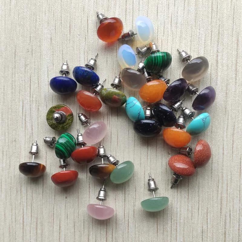 Natural Stone Round Bead Silver Stud Earrings 12pair